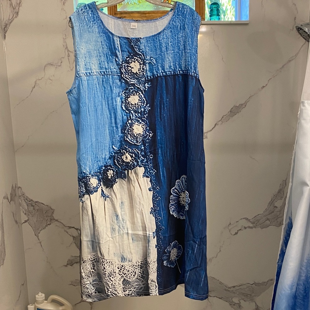 Blue and White Sleeveless Dress